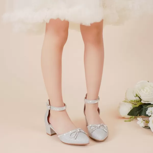 Girls Sandals Closed Toe High Heels Pointed Toe Ankle Strap Pumps Flower Girl Dressy Shoes in Wedding Party Cute Bowknot Chunky Block Heeled for Little Big KidsRhinestone Shimmer Silver