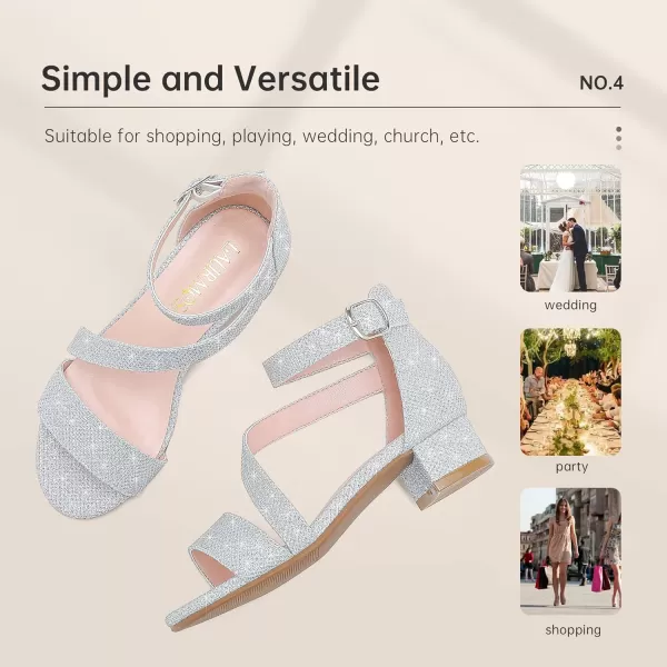Girls Sandals Kids Heels Open Toe Ankle Strap Dress Shoes Flower Wedding Party for Toddler Little Big KidBlissful Glitter Silver