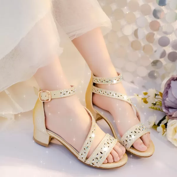 Girls Sandals Kids Heels Open Toe Ankle Strap Dress Shoes Flower Wedding Party for Toddler Little Big KidBlissful Rhinestone Gold