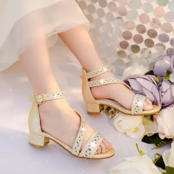 Girls Sandals Kids Heels Open Toe Ankle Strap Dress Shoes Flower Wedding Party for Toddler Little Big KidBlissful Rhinestone Gold