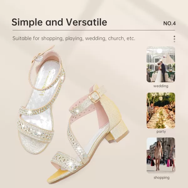 Girls Sandals Kids Heels Open Toe Ankle Strap Dress Shoes Flower Wedding Party for Toddler Little Big KidBlissful Rhinestone Gold