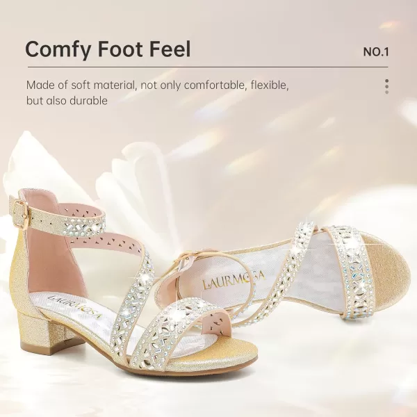 Girls Sandals Kids Heels Open Toe Ankle Strap Dress Shoes Flower Wedding Party for Toddler Little Big KidBlissful Rhinestone Gold