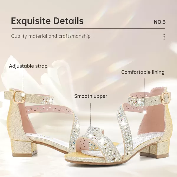 Girls Sandals Kids Heels Open Toe Ankle Strap Dress Shoes Flower Wedding Party for Toddler Little Big KidBlissful Rhinestone Gold