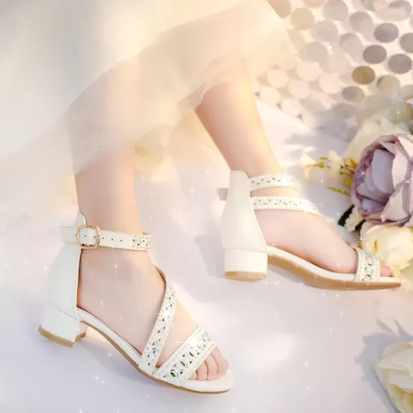 Girls Sandals Kids Heels Open Toe Ankle Strap Dress Shoes Flower Wedding Party for Toddler Little Big KidBlissful Rhinestone White