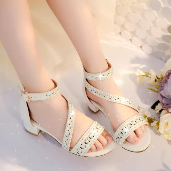 Girls Sandals Kids Heels Open Toe Ankle Strap Dress Shoes Flower Wedding Party for Toddler Little Big KidBlissful Rhinestone White