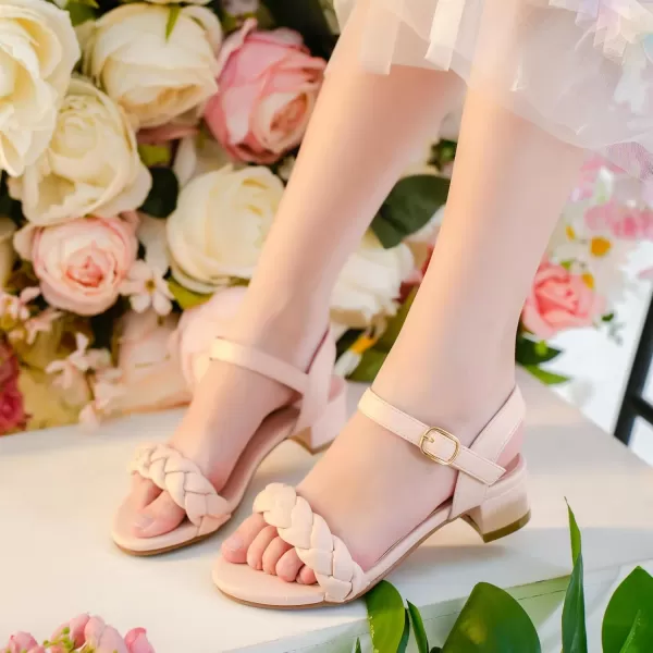 Girls Sandals Kids Heels Open Toe Ankle Strap Dress Shoes Flower Wedding Party for Toddler Little Big KidBraided Nude