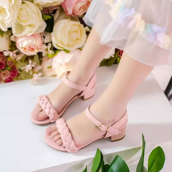 Girls Sandals Kids Heels Open Toe Ankle Strap Dress Shoes Flower Wedding Party for Toddler Little Big KidBraided Pink