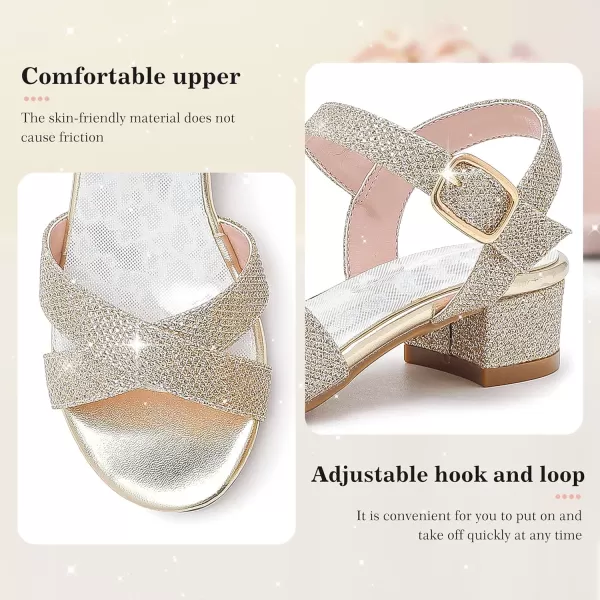 Girls Sandals Kids Heels Open Toe Ankle Strap Dress Shoes Flower Wedding Party for Toddler Little Big KidCross Glitter Gold