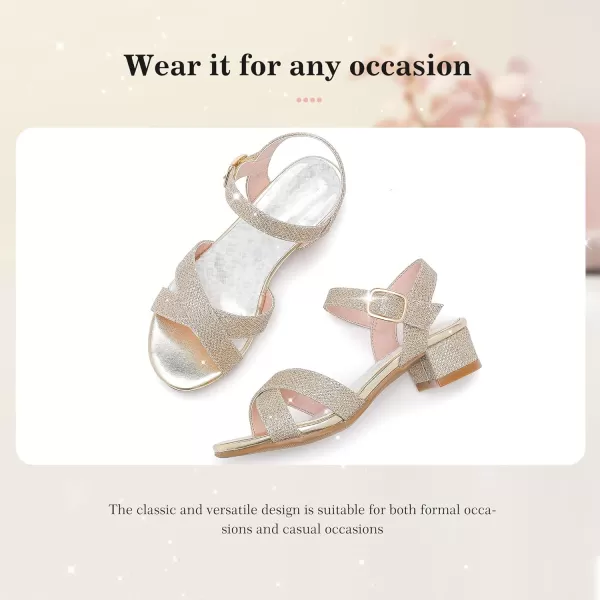Girls Sandals Kids Heels Open Toe Ankle Strap Dress Shoes Flower Wedding Party for Toddler Little Big KidCross Glitter Gold