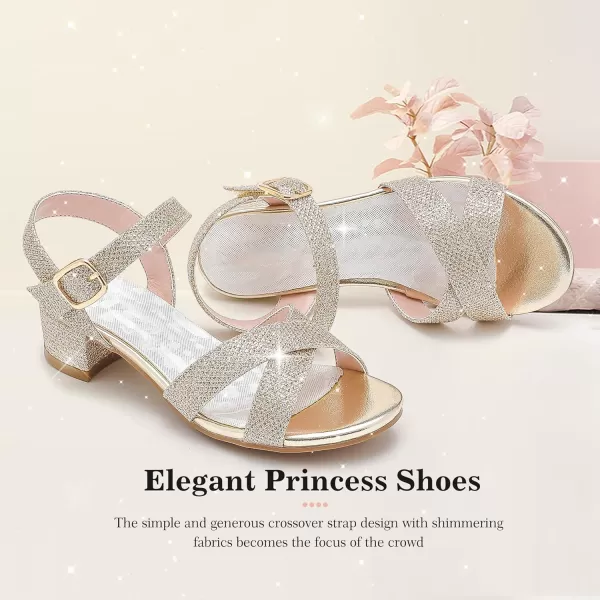 Girls Sandals Kids Heels Open Toe Ankle Strap Dress Shoes Flower Wedding Party for Toddler Little Big KidCross Glitter Gold