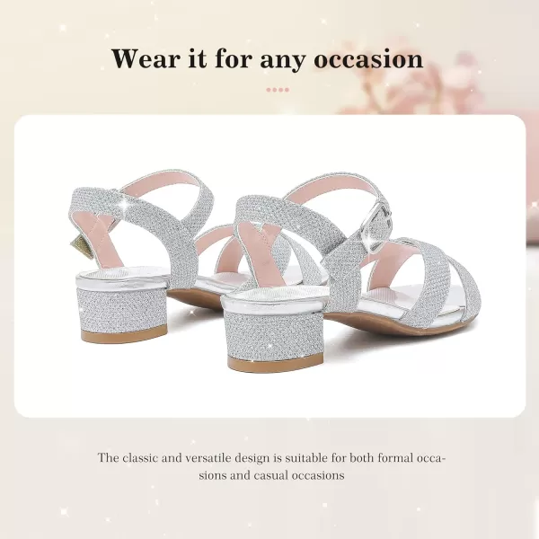 Girls Sandals Kids Heels Open Toe Ankle Strap Dress Shoes Flower Wedding Party for Toddler Little Big KidCross Glitter Silver