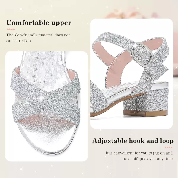 Girls Sandals Kids Heels Open Toe Ankle Strap Dress Shoes Flower Wedding Party for Toddler Little Big KidCross Glitter Silver