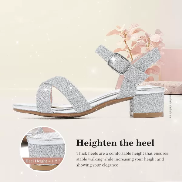 Girls Sandals Kids Heels Open Toe Ankle Strap Dress Shoes Flower Wedding Party for Toddler Little Big KidCross Glitter Silver