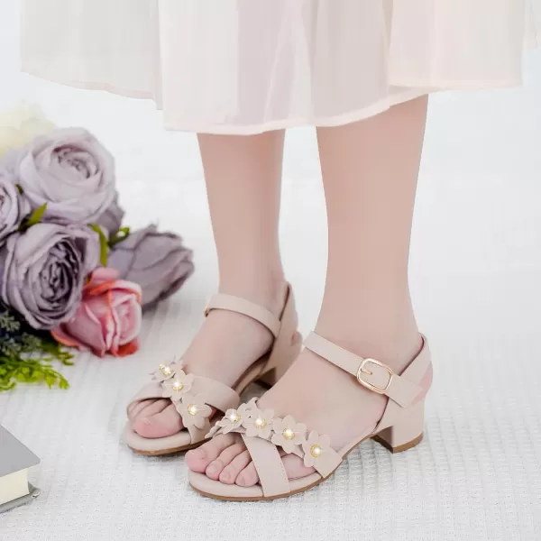 Girls Sandals Kids Heels Open Toe Ankle Strap Dress Shoes Flower Wedding Party for Toddler Little Big KidFlowers Nubuck Nude