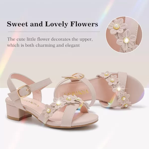 Girls Sandals Kids Heels Open Toe Ankle Strap Dress Shoes Flower Wedding Party for Toddler Little Big KidFlowers Nubuck Nude