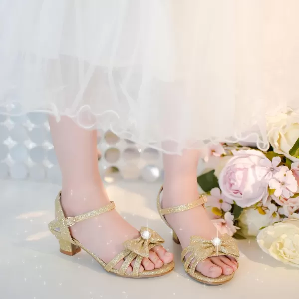 Girls Sandals Low Heels Girls Dress Shoes in Wedding Party Summer Open Toe Ankle Strap for Little Big Kids ToddlerB Glitter Golden