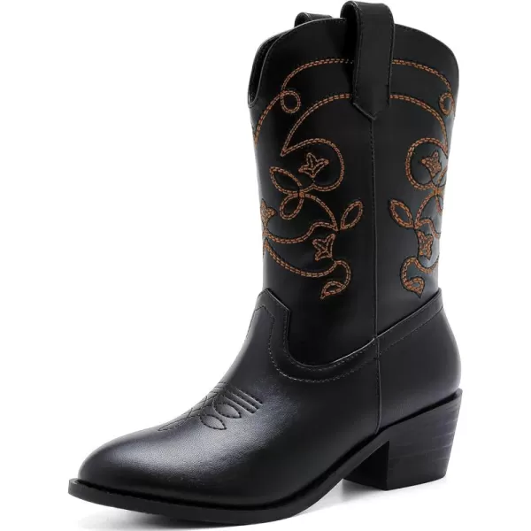 Girls Cowboy Boots Pull On Cowgirl Boots Pointed Toe Mid Calf Western Boots for Little Kid Big KidBlack