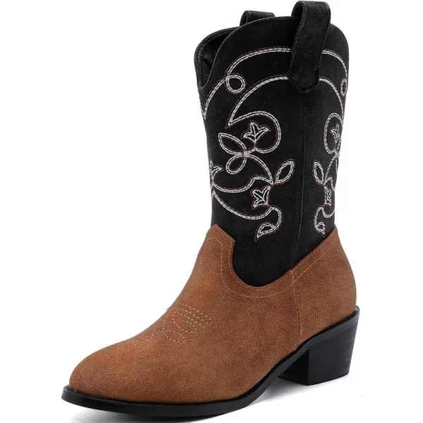 Girls Cowboy Boots Pull On Cowgirl Boots Pointed Toe Mid Calf Western Boots for Little Kid Big KidBlackBrown