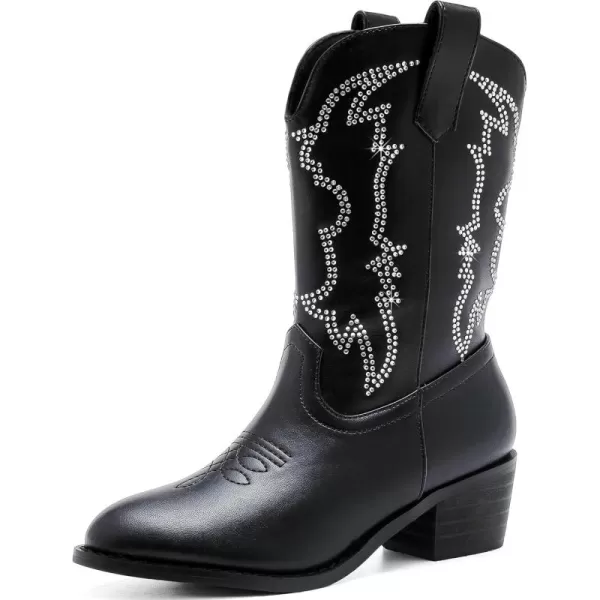 Girls Cowboy Boots Pull On Cowgirl Boots Pointed Toe Mid Calf Western Boots for Little Kid Big KidRhinestone Black