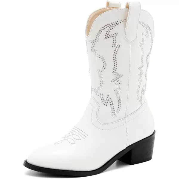Girls Cowboy Boots Pull On Cowgirl Boots Pointed Toe Mid Calf Western Boots for Little Kid Big KidRhinestone White