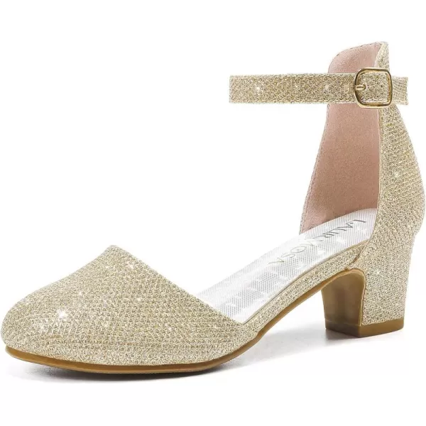 Girls Dress Shoes Closed Toe Chunky High Heels Ankle Strap Wedding Party Pump ShoesLovely Glitter Gold