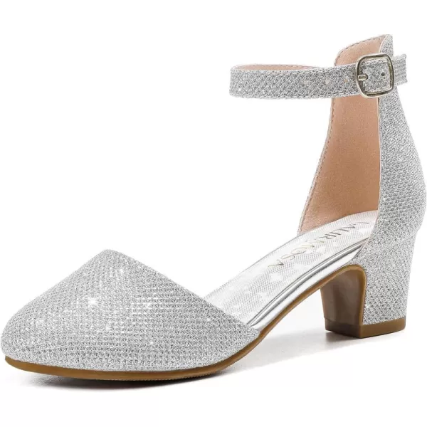 Girls Dress Shoes Closed Toe Chunky High Heels Ankle Strap Wedding Party Pump ShoesLovely Glitter Silver
