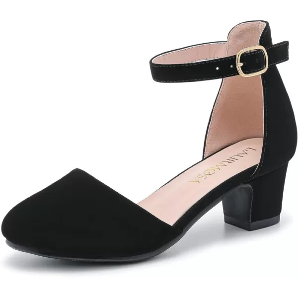 Girls Dress Shoes Closed Toe Chunky High Heels Ankle Strap Wedding Party Pump ShoesLovely Nubuck Black