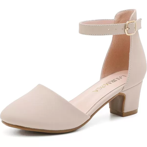 Girls Dress Shoes Closed Toe Chunky High Heels Ankle Strap Wedding Party Pump ShoesLovely Nubuck Nude