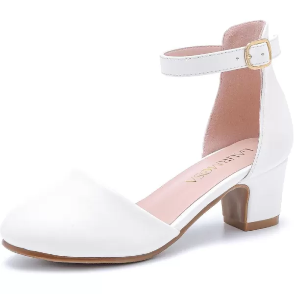 Girls Dress Shoes Closed Toe Chunky High Heels Ankle Strap Wedding Party Pump ShoesLovely Pu White