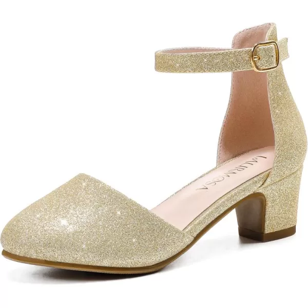 Girls Dress Shoes Closed Toe Chunky High Heels Ankle Strap Wedding Party Pump ShoesLovely Shimmer Gold