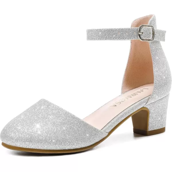Girls Dress Shoes Closed Toe Chunky High Heels Ankle Strap Wedding Party Pump ShoesLovely Shimmer Silver