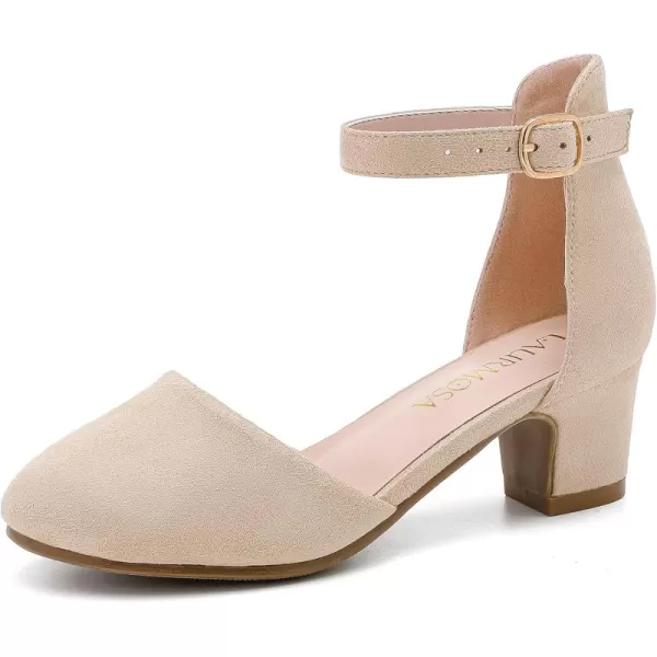 Girls Dress Shoes Closed Toe Chunky High Heels Ankle Strap Wedding Party Pump ShoesLovely Suede Nude