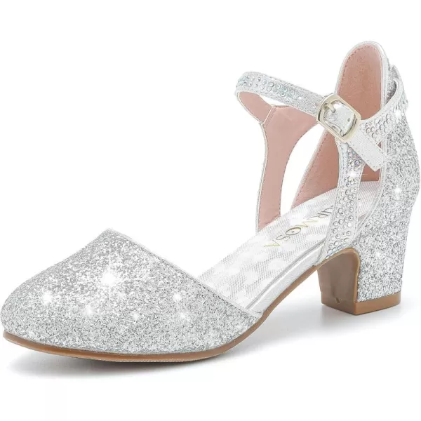 Girls Dress Shoes Closed Toe Chunky High Heels Ankle Strap Wedding Party Pump ShoesModern Glitter Silver
