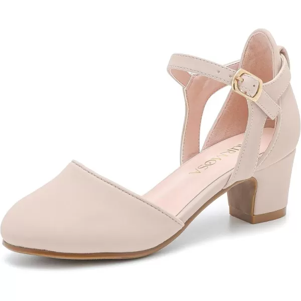 Girls Dress Shoes Closed Toe Chunky High Heels Ankle Strap Wedding Party Pump ShoesModern Nubuck Nude