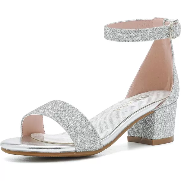 Girls High Heels Sandal for Girls Open Toe Ankle Buckle Strap Dress Shoes for Little Big Kids in Wedding Party Block Chunky Pump SandalsHonorable Glitter Silver