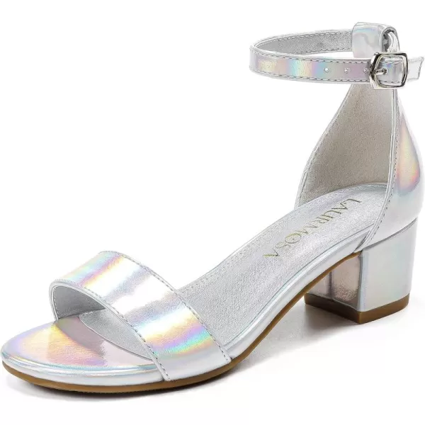 Girls High Heels Sandal for Girls Open Toe Ankle Buckle Strap Dress Shoes for Little Big Kids in Wedding Party Block Chunky Pump SandalsHonorable Laser Silver
