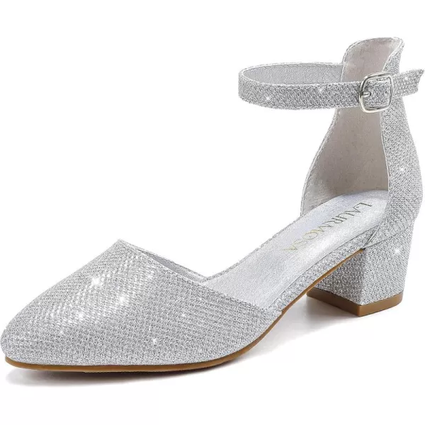 Girls Sandals Closed Toe High Heels Formal Dress Shoes Ankle Strap Pointed Toe Heeled for Little Big Kids in Wedding Party Comfortable Thick Heels Block Chunky Pump ShoesClassic Glitter Silver
