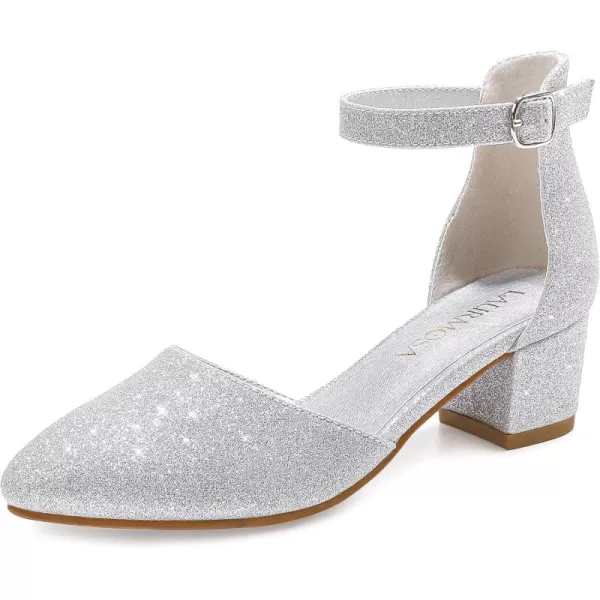 Girls Sandals Closed Toe High Heels Formal Dress Shoes Ankle Strap Pointed Toe Heeled for Little Big Kids in Wedding Party Comfortable Thick Heels Block Chunky Pump ShoesClassic Shimmer Silver