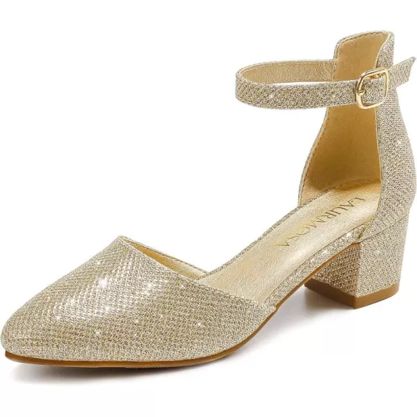 Girls Sandals Closed Toe High Heels Formal Dress Shoes Ankle Strap Pointed Toe Heeled for Little Big Kids in Wedding Party Comfortable Thick Heels Block Chunky Pump ShoesClassic Glitter Gold