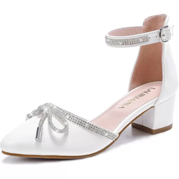 Girls Sandals Closed Toe High Heels Pointed Toe Ankle Strap Pumps Flower Girl Dressy Shoes in Wedding Party Cute Bowknot Chunky Block Heeled for Little Big KidsRhinestone Patent White