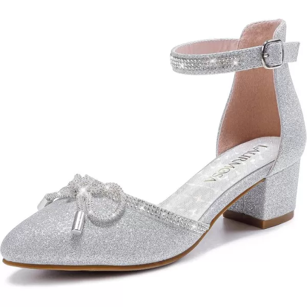 Girls Sandals Closed Toe High Heels Pointed Toe Ankle Strap Pumps Flower Girl Dressy Shoes in Wedding Party Cute Bowknot Chunky Block Heeled for Little Big KidsRhinestone Shimmer Silver