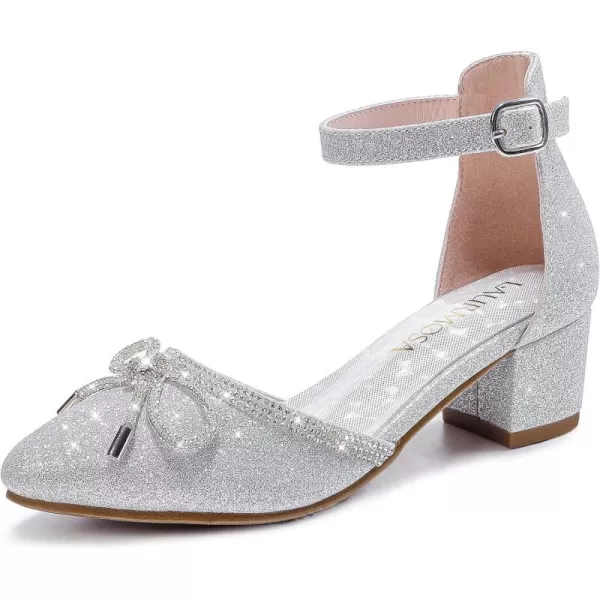 Girls Sandals Closed Toe High Heels Pointed Toe Ankle Strap Pumps Flower Girl Dressy Shoes in Wedding Party Cute Bowknot Chunky Block Heeled for Little Big KidsBow Shimmer Silver