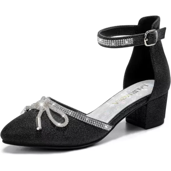 Girls Sandals Closed Toe High Heels Pointed Toe Ankle Strap Pumps Flower Girl Dressy Shoes in Wedding Party Cute Bowknot Chunky Block Heeled for Little Big KidsRhinestone Shimmer Black
