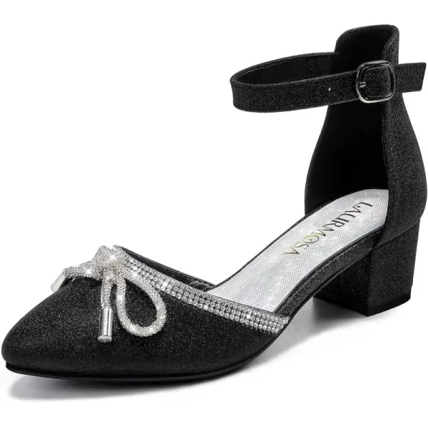 Girls Sandals Closed Toe High Heels Pointed Toe Ankle Strap Pumps Flower Girl Dressy Shoes in Wedding Party Cute Bowknot Chunky Block Heeled for Little Big KidsBow Shimmer Black