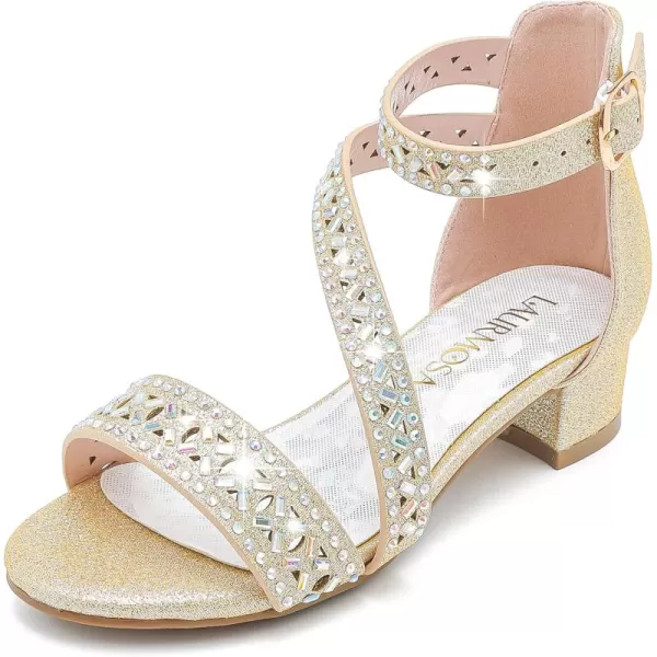 Girls Sandals Kids Heels Open Toe Ankle Strap Dress Shoes Flower Wedding Party for Toddler Little Big KidBlissful Rhinestone Gold