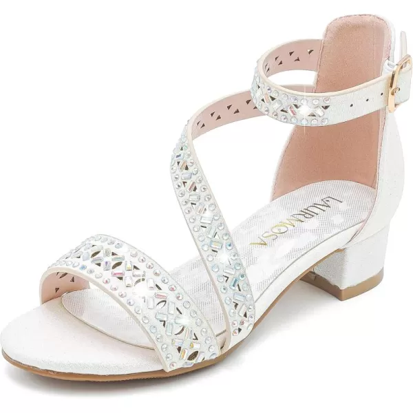 Girls Sandals Kids Heels Open Toe Ankle Strap Dress Shoes Flower Wedding Party for Toddler Little Big KidBlissful Rhinestone White