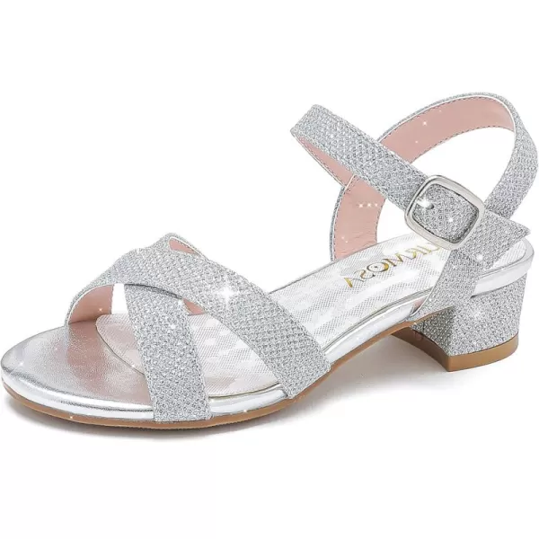 Girls Sandals Kids Heels Open Toe Ankle Strap Dress Shoes Flower Wedding Party for Toddler Little Big KidCross Glitter Silver