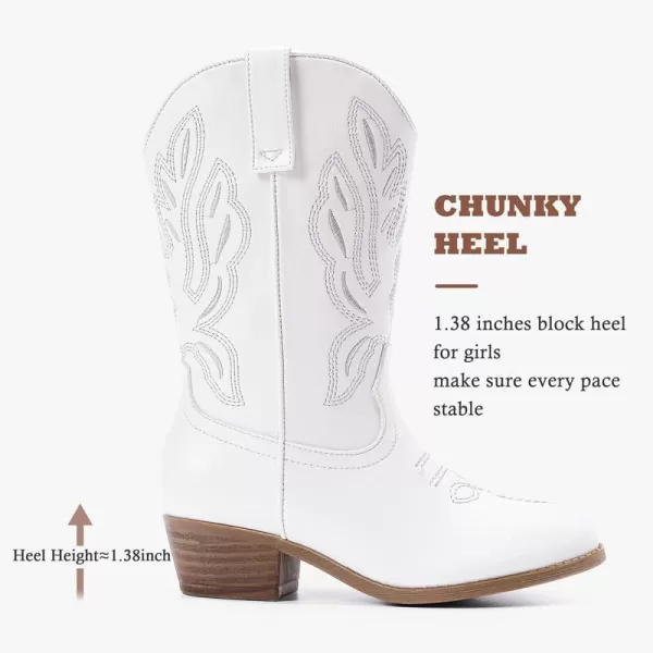 Cowgirl Boots for Little Girls Mid Calf Pointed Toe Kid Cowboy Boots Side Zipper Classic Embroidered Western Boots Horse Riding Party for Toddler Little Big KidsWhite