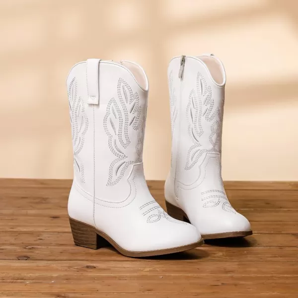 Cowgirl Boots for Little Girls Mid Calf Pointed Toe Kid Cowboy Boots Side Zipper Classic Embroidered Western Boots Horse Riding Party for Toddler Little Big KidsWhite