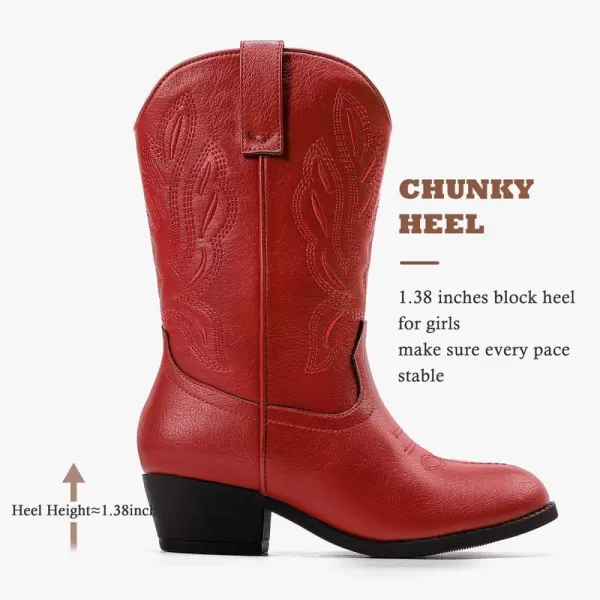 Cowgirl Boots for Little Girls Mid Calf Pointed Toe Kid Cowboy Boots Side Zipper Classic Embroidered Western Boots Horse Riding Party for Toddler Little Big KidsRed
